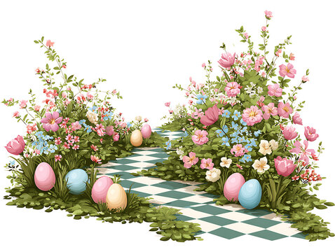 Colorful Easter eggs hidden among bright spring flowers in a garden