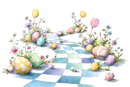 Colorful Easter eggs scattered along a whimsical checkered path with spring flowers