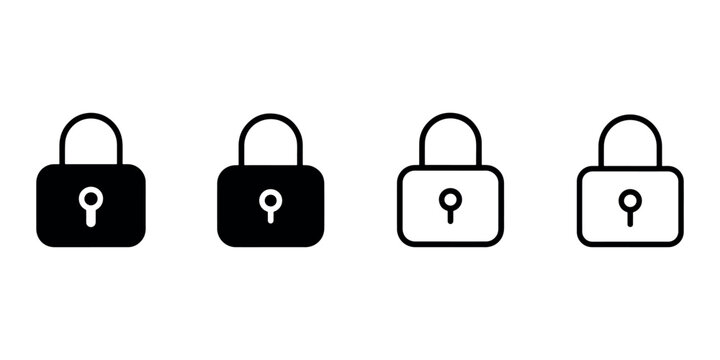 Lock icon set features diverse padlock graphic designs including solid and outline styles for security web user interface digital safety software data encryption.