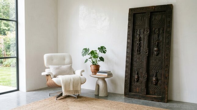 Modern living room with vintage African carved wooden door and Eames lounge chair