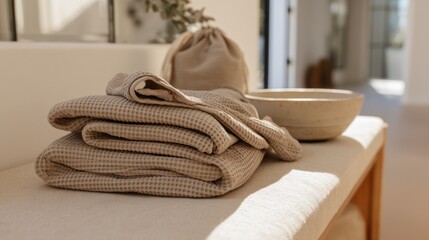 A neutral-toned spa scene features neatly folded towels, a bowl, and linen bag on a bench