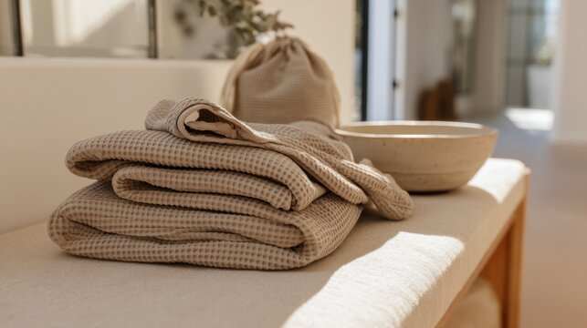 A neutral-toned spa scene features neatly folded towels, a bowl, and linen bag on a bench