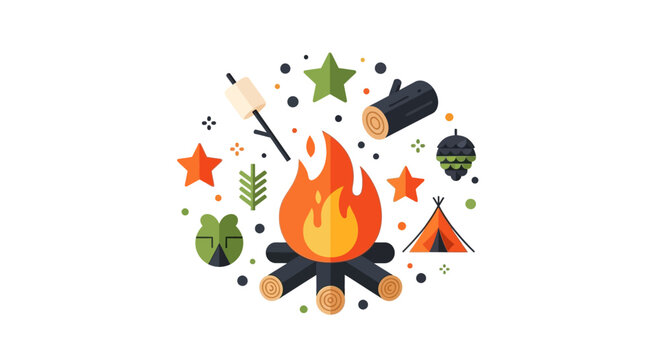 Flat Vector Illustration of a Campfire and Camping Icons Arranged in a Circle on White Background