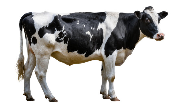 Isolated healthy black and white Holstein dairy cow standing in full body side view.