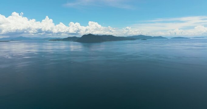 Aerial drone of tropical islands and coral reef in tropic. Tun Sakaran Marine Park. Borneo, Sabah, Malaysia.