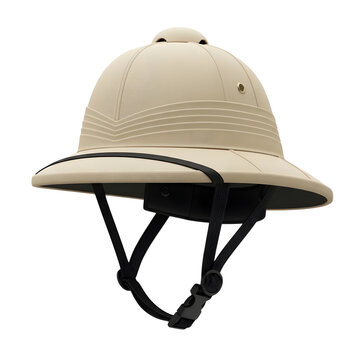 Military pith helmet with black chin strap and wide brim
