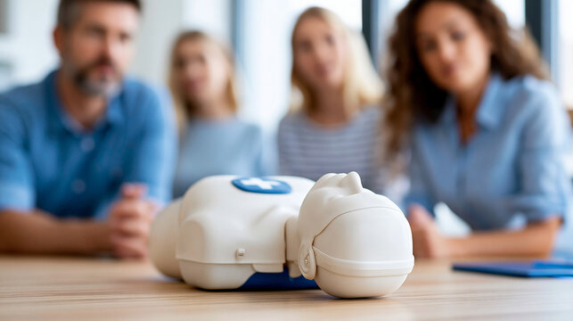 Anonymous group attending a BLSD cardiac massage course, basic life support first aid company safety training concept, faceless, defocused training room background, with copy space