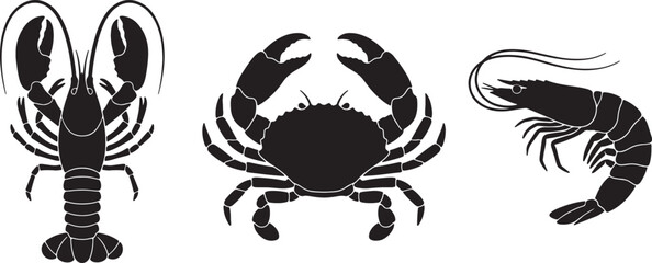 Also transparent background, black and white, line of lobster, crab, and shrimp, side view silhouettes © mHs