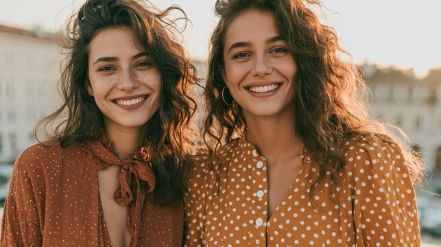 Two young beautiful smiling Turkish women posing summer suits outdoors on a sunny day