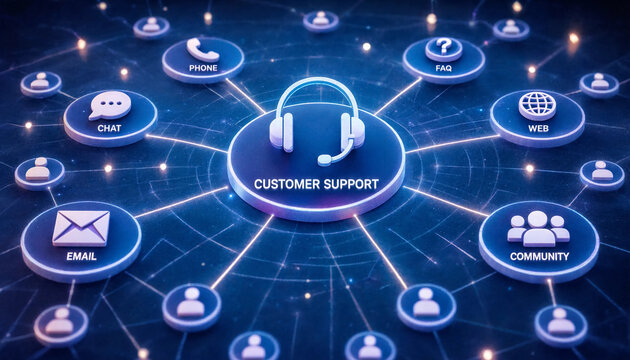 Digital customer support network diagram showing diverse communication channels and services with customer communication business technology interface connection assistance internet