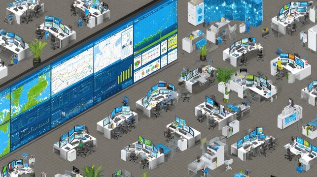 Operations center with large digital dashboard wall.