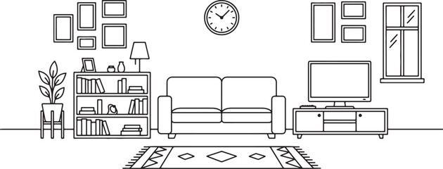 Minimalist also transparent background, black and white, line of a, cozy living room, with sofa, tv, bookshelf, and decor © mHs