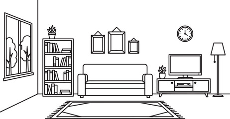 Minimalist also transparent background, black and white, line of a, living room with, sofa, tv, bookshelf, and decor © mHs