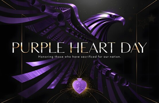 Purple Heart Day Remembrance Poster with Floral Design in Dark Background