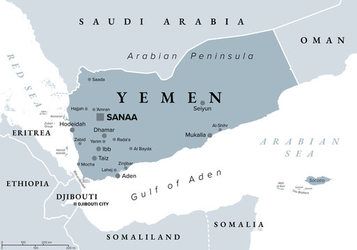 Yemen, political map with capital Sanaa. Country in West Asia and Middle East on the Arabian Peninsula, bordered by Saudi Arabia, Oman, Gulf of Aden, and Red Sea, including Socotra Archipelago. Vector