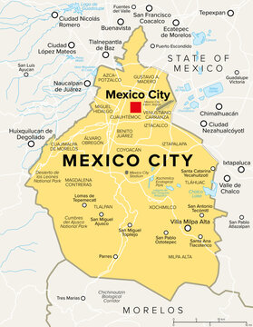 Mexico City, political map. Capital city, federative entity, and most populous city of Mexico, divided into 16 boroughs, and bordered by the State of Mexico and State of Morelos. Illustration. Vector