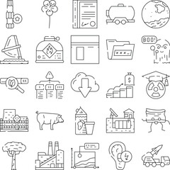Fototapeta premium Featuring a variety of outline symbols including windsurfing, a factory, a globe, a ghost, a pig, nuclear education, financial growth, and cloud computing for modern concepts