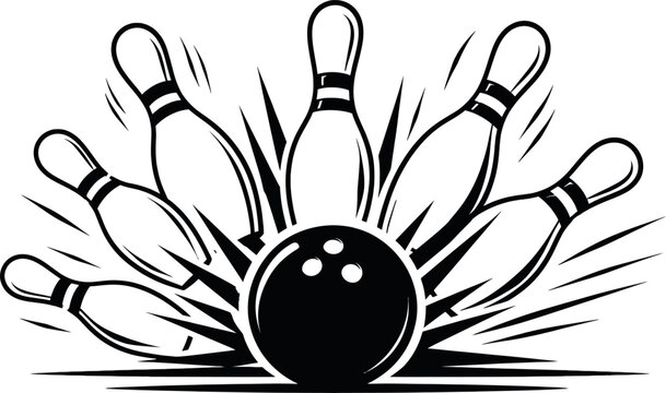 Black bowling ball hitting pins isolated on transparent background