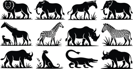African animal silhouettes lion elephant giraffe zebra buffalo rhino cheetah crocodile hyena wildlife vector illustration savanna nature collection © MOSTSHAHANAJ