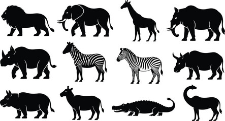 African animal silhouettes lion elephant giraffe hippo rhino zebra crocodile wildlife black vector illustration savanna nature design collection © MOSTSHAHANAJ
