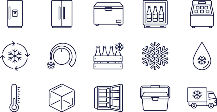 Refrigeration and commercial freezer line icon set featuring refrigerator chest freezer beverage cooler snowflake cold storage truck and ice cube vector illustration