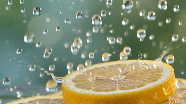 Bright yellow citron slices, with water droplets falling through the air around them