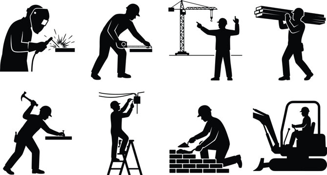 Set of construction worker silhouettes including welder carpenter crane operator builder electrician mason and excavator driver on white background