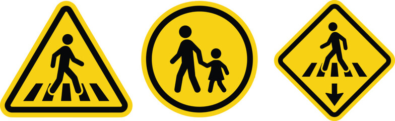 Yellow pedestrian crossing road sign set featuring triangle warning crosswalk circular school children zone and diamond direction arrow symbol vector illustration © MSTSULTANA