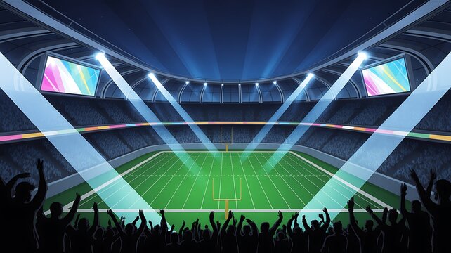 Spectacular football stadium full of spectators expecting an evening match on the grass field, view from the player level. Sport category 3D illustration.