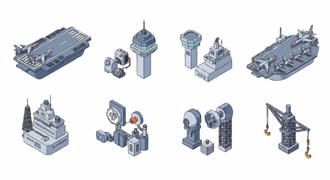 Isometric illustration of military vehicles and equipment in gray.