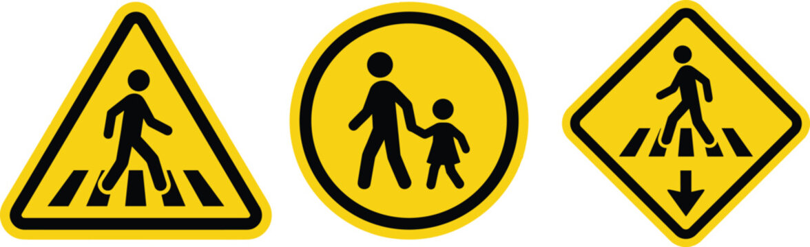 Yellow pedestrian crossing road sign set featuring triangle warning crosswalk circular school children zone and diamond direction arrow symbol vector illustration