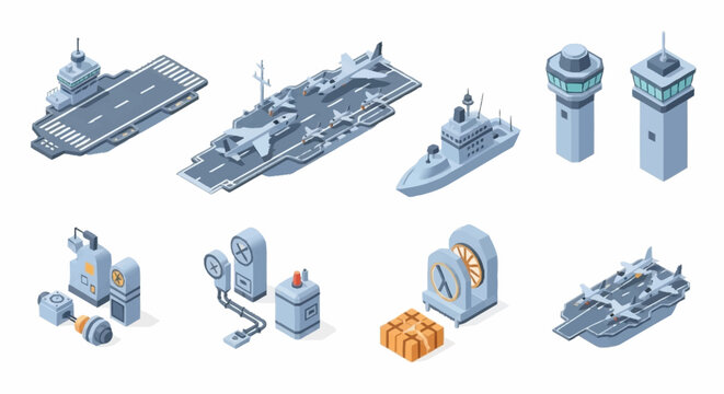 Isometric illustration of military ships, aircraft, and radar equipment.