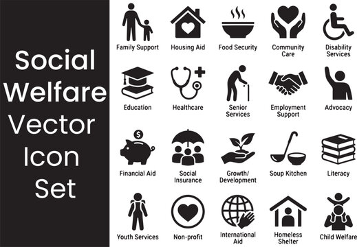 Social services icons, grouping people, children, housing, helping hand, community center.