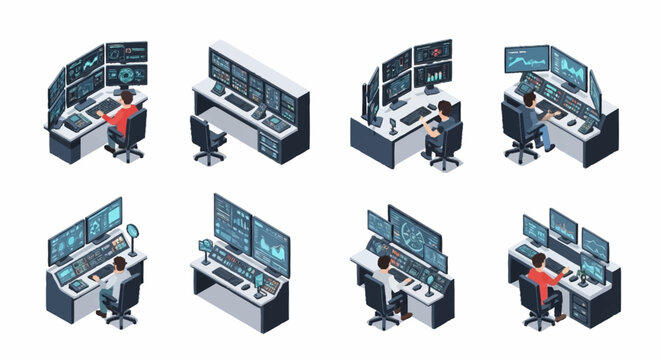 Isometric view of modern office workstations with multiple monitors.