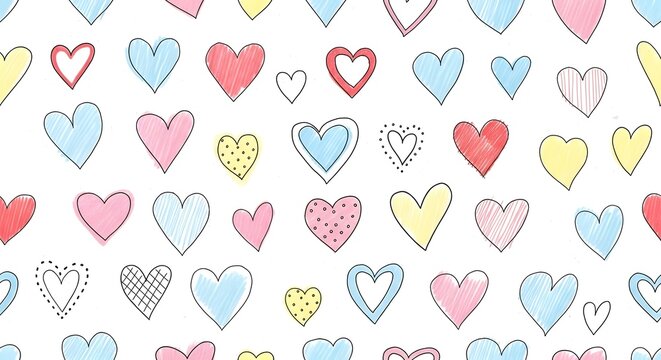 Seamless pattern of hand-drawn colorful hearts on a plain white background.