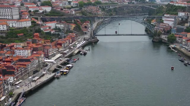  A panoramic aerial view beside the old town of the city Porto in Portugal above the Douro river on a sunny spring noon