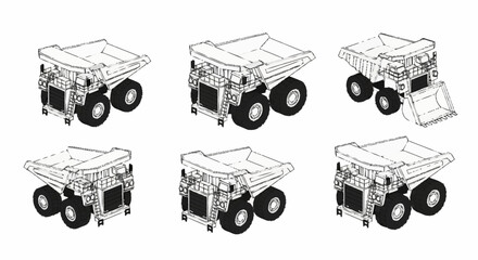 Collection of six detailed line drawings of a large mining dump truck, showcasing different angles and functions. © Sego