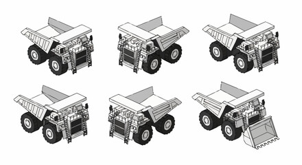 Set of isometric illustrations of a mining dump truck in various poses and configurations. © Sego