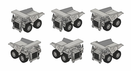 Six identical isometric illustrations of a large mining dump truck on a white background. © Sego