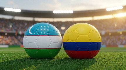 Obraz premium Uzbekistan vs. Colombia Football Match: Two National Flag Soccer Balls on a Stadium Field