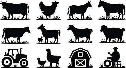 Farm silhouettes animals tractor barn chicken cow horse sheep duck llama farmer agriculture black vector illustration rural life collection © MOSTSHAHANAJ
