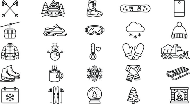 Winter sports and ski resort line icon set featuring snowboard skis snowmobile cable car fireplace chalet snowman and winter apparel vector illustration