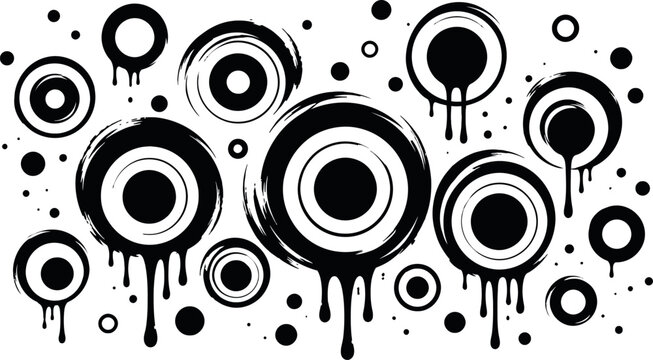 Minimalist abstract ink splatter and circle design elements with hand-drawn texture and transparency