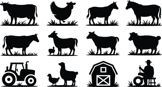 Farm silhouettes animals tractor barn chicken cow horse sheep duck llama farmer agriculture black vector illustration rural life collection