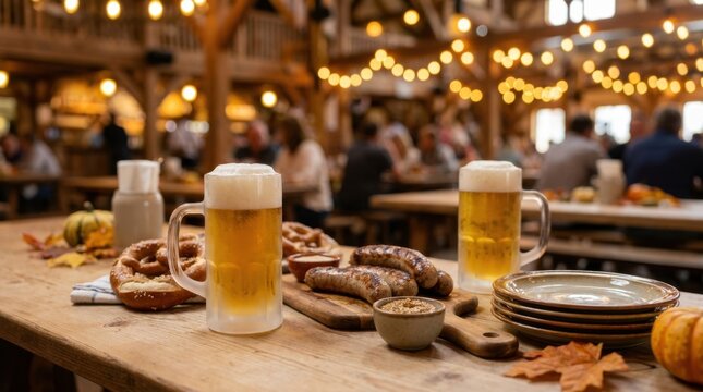 Wooden table in a rustic beer hall serving large glass mugs of draft beer, traditional sausages, pretzels, and autumn maple leaves with warm string lights in the background.