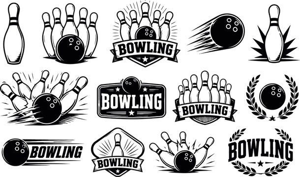 Black bowling icons isolated on transparent background