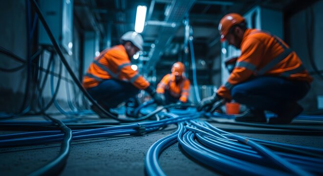 Electricians on a construction site working on a complex electrical system, wearing safety vests and helmets, surrounded by a multitude of blue cables and wires.