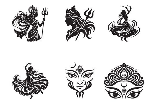 silhouettes and line art designs depicting the Hindu goddess Durga
