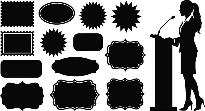 Label badge silhouettes ornate frames podium speaker microphone communication branding black vector illustration design collection for stock image