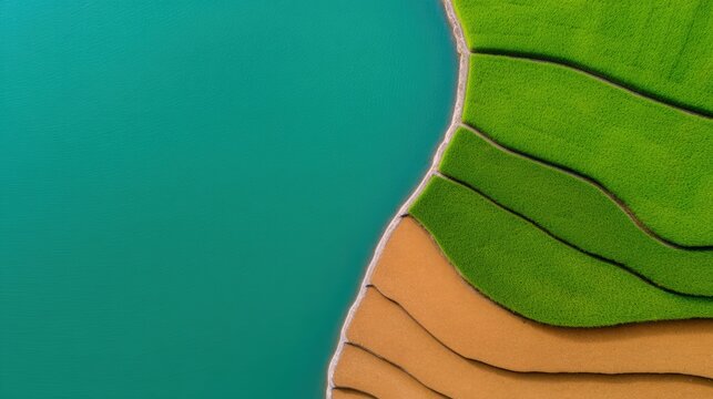 Aerial view of terraced green and brown farmland next to a turquoise water body with clear division lines.